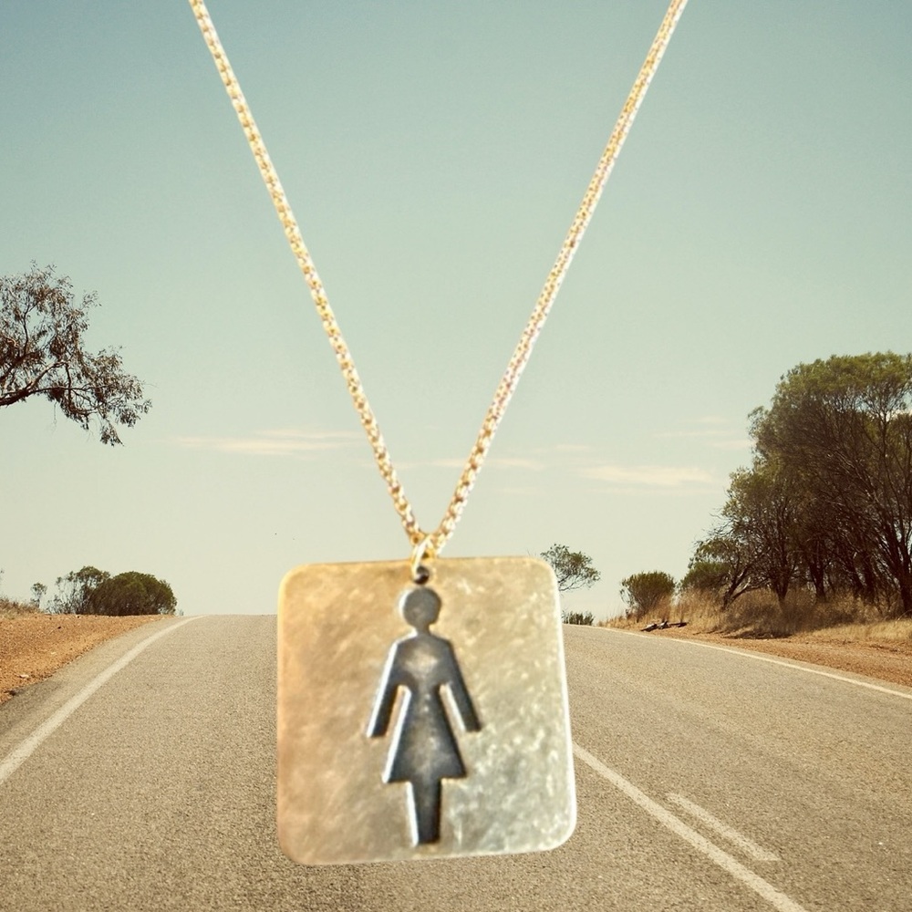 Handmade Necklace Female Form Figure Square Brass Pendant on a Dainty Gold Chain
